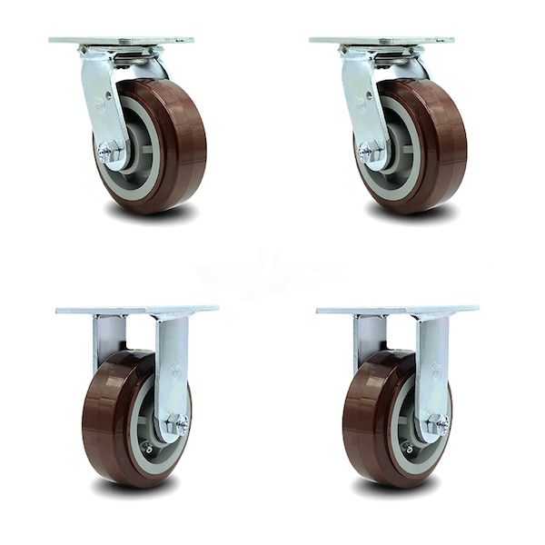 5 Inch Polyurethane Caster Set with Roller Bearing 2 Swivel 2 Rigid SCC